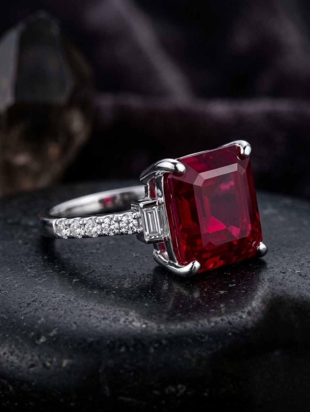Asscher cut Niassa Ruby (FF) White Zircon Ring Platinum Over 925, 7.65 CTW